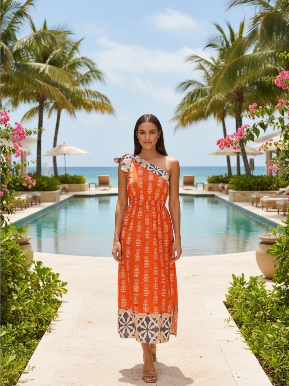 Marea by Liz Joy Claudia One-Shoulder Block Print Dress XS EUC